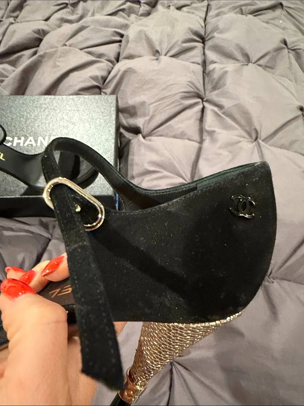 CHANEL Black Suede Ankle-Strap Stiletto Sandals